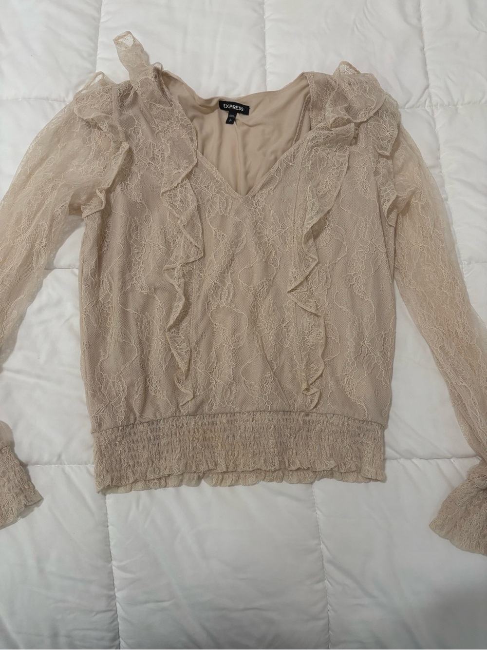 Express Beige boho Lace Ruffle V-Neck Blouse